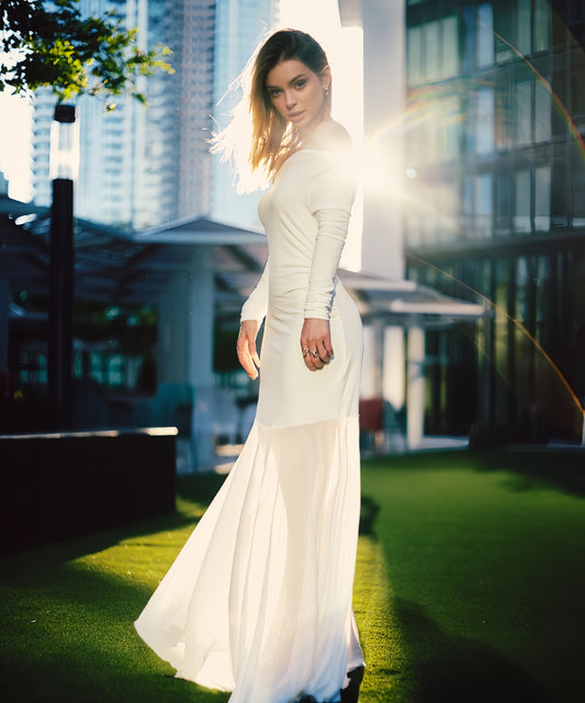 Curvphilo Mesh Long Sleeve Bodycon Maxi Dress-White