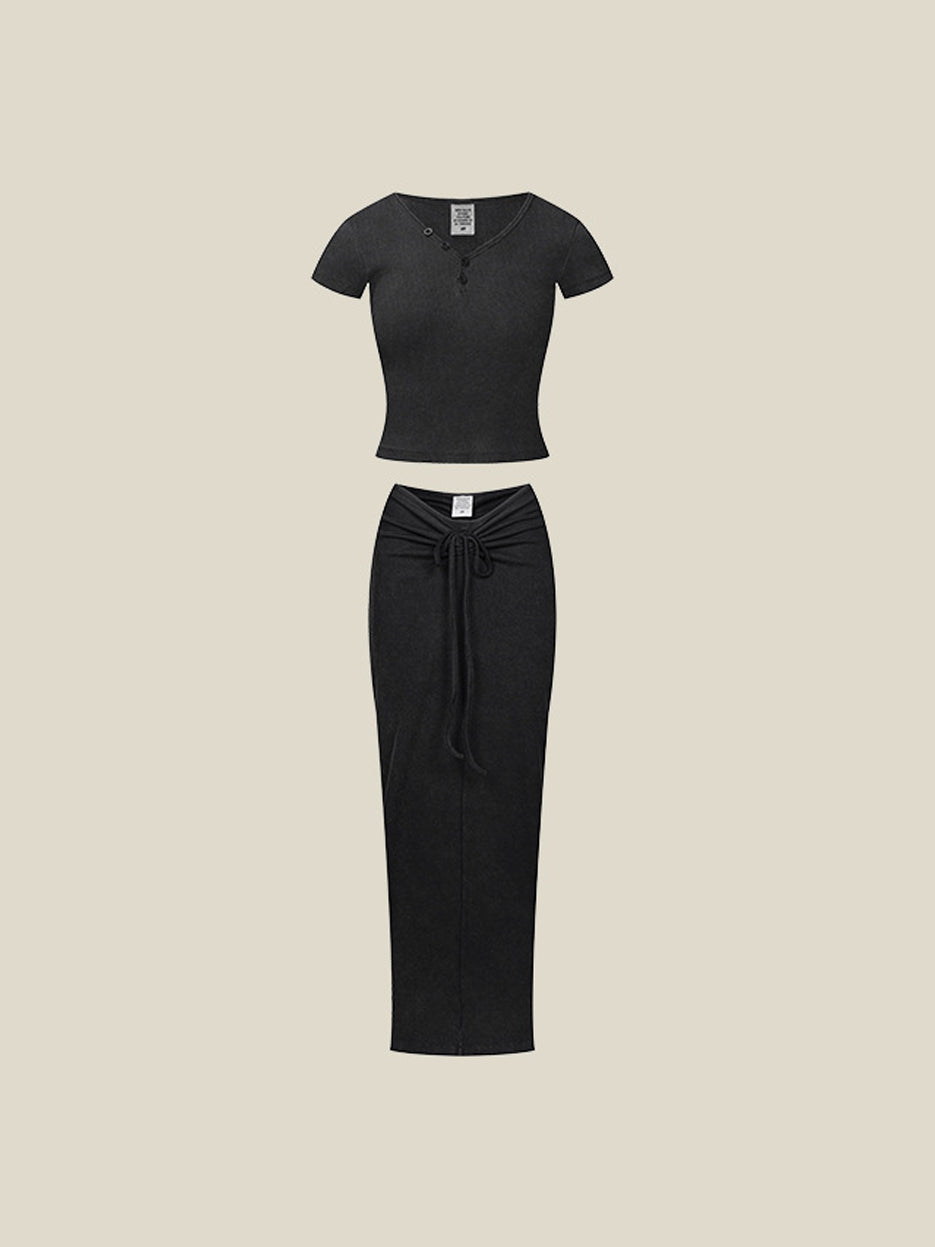 CurvPhilo Vintage Slim V-neck T-shirt Half-body Skirt Set