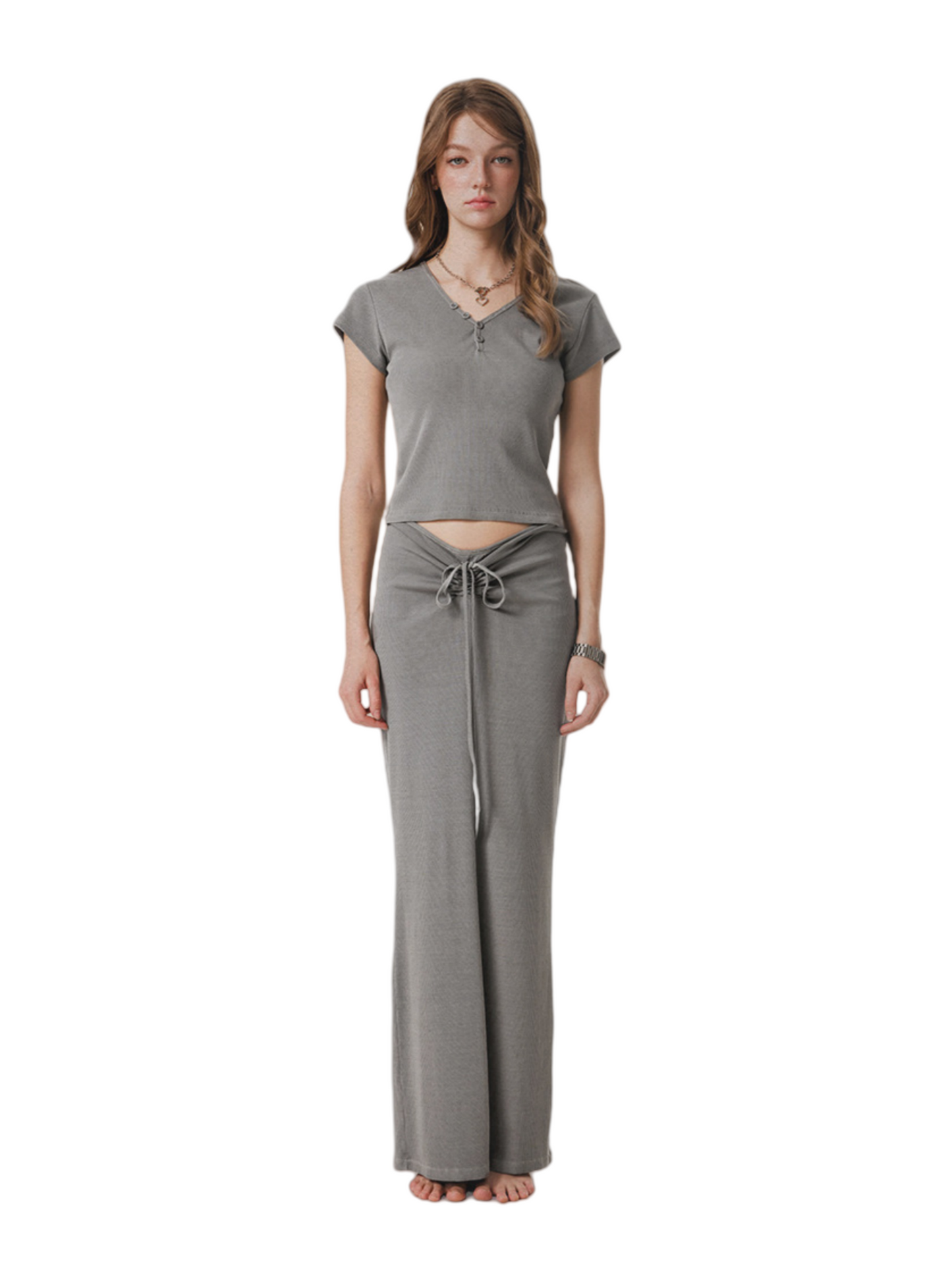 CurvPhilo Vintage Slim V-neck T-shirt Half-body Skirt Set