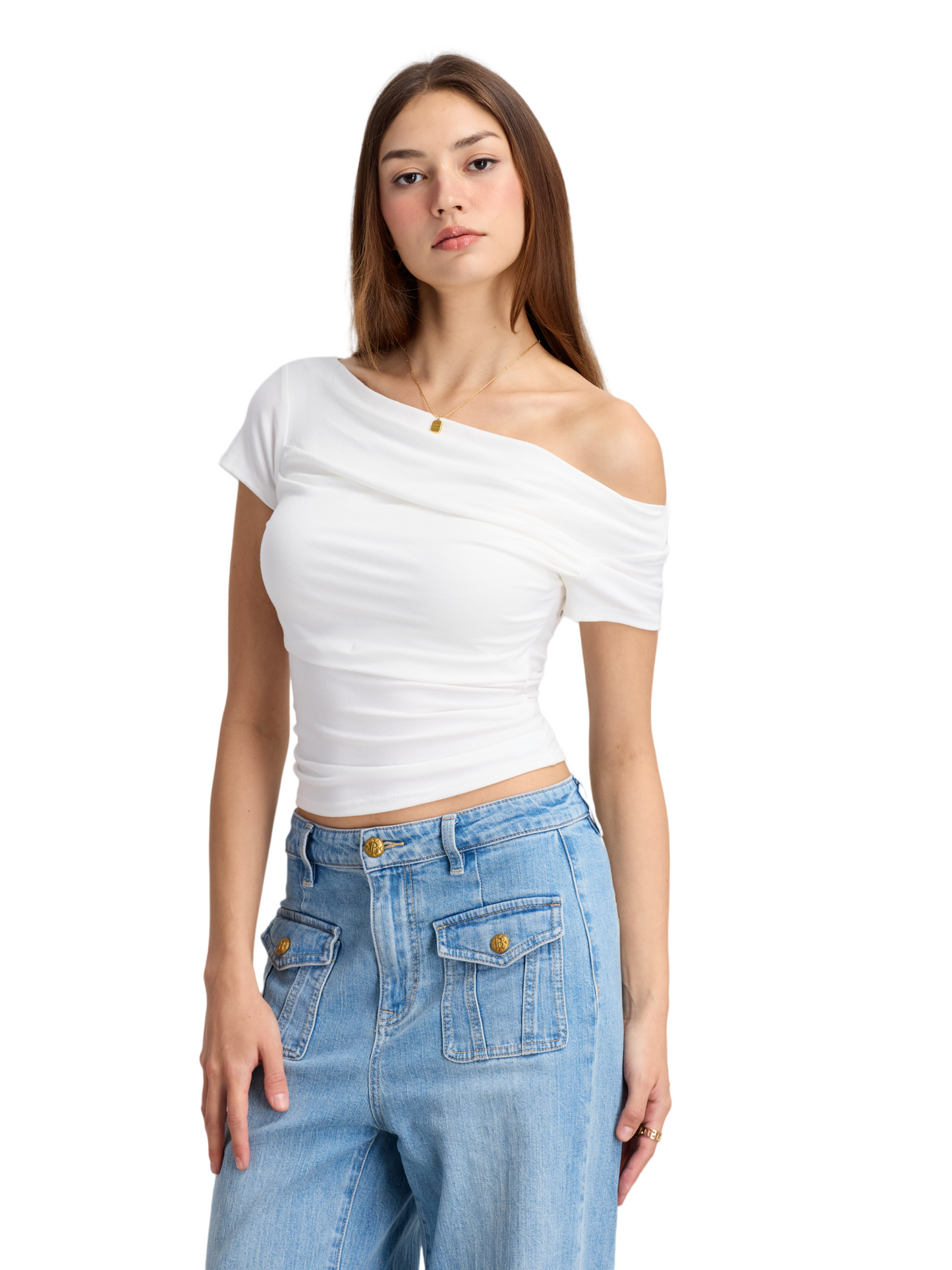 Curvphilo Draped-Neck Short Sleeve Tee