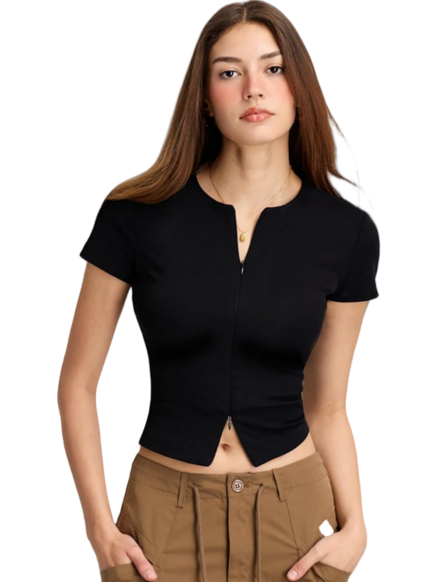 Womens Double Zipper Short Sleeve T Shirts Gym Workout Clothes Summer Basic Tops