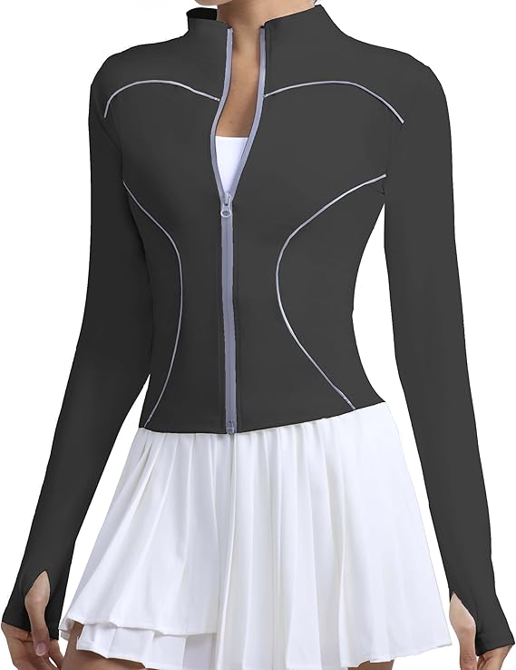 Workout Jackets for Women With Thumb Holes Full Zip Reflective Athletic Running Track Jacket Slim Fit Yoga Jacket