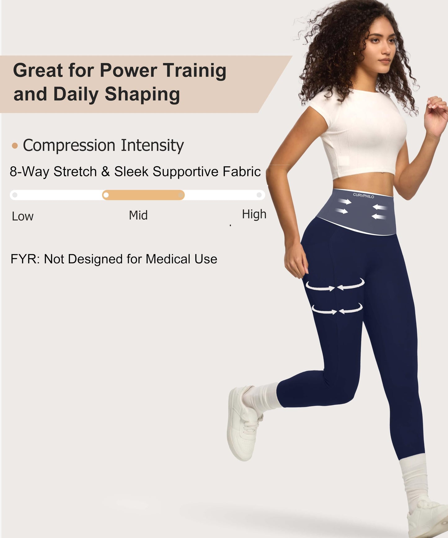 Curvphilo Tummy Control Compression Leggings with Pockets Butt lifting High Waist Pants for Women