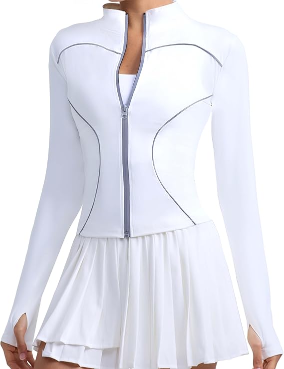 Workout Jackets for Women With Thumb Holes Full Zip Reflective Athletic Running Track Jacket Slim Fit Yoga Jacket