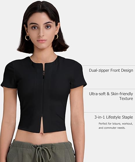 Womens Double Zipper Short Sleeve T Shirts Gym Workout Clothes Summer Basic Tops
