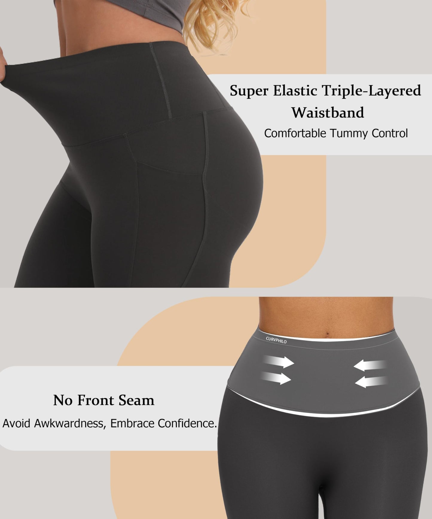 Curvphilo Tummy Control Compression Leggings with Pockets Butt lifting High Waist Pants for Women