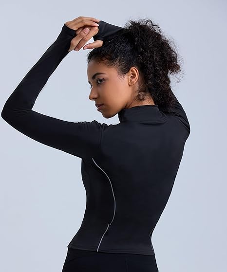 Workout Jackets for Women With Thumb Holes Full Zip Reflective Athletic Running Track Jacket Slim Fit Yoga Jacket