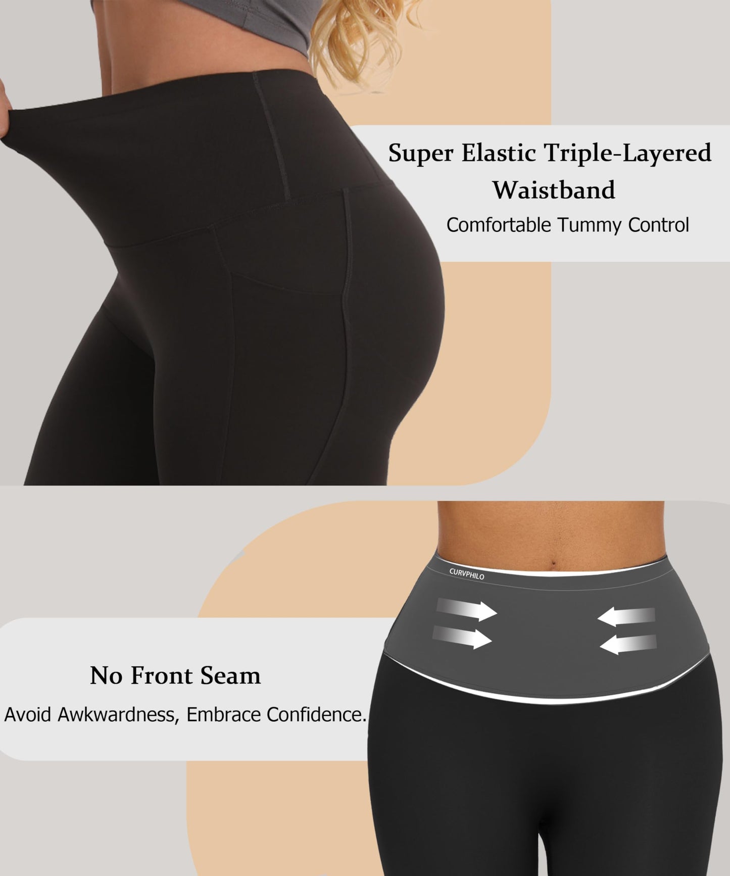 Curvphilo Tummy Control Compression Leggings with Pockets Butt lifting High Waist Pants for Women