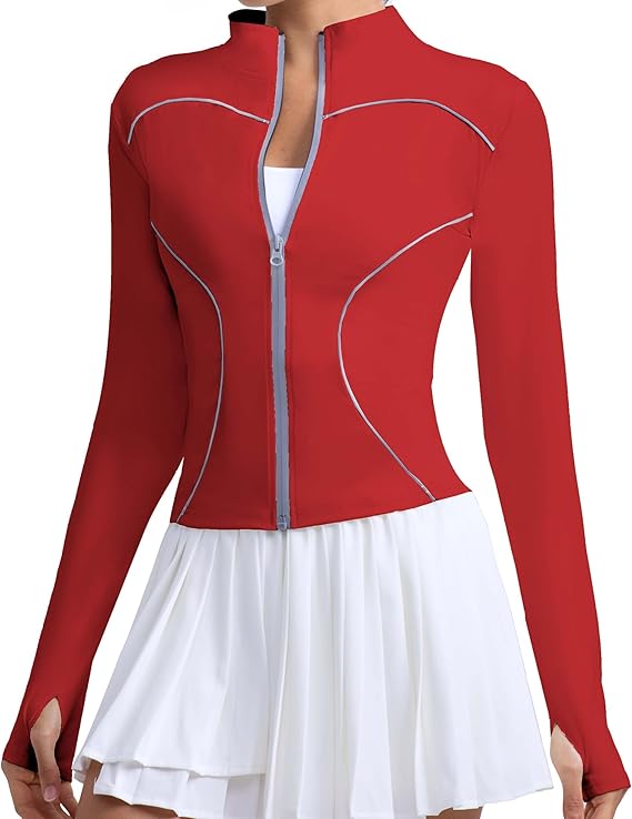 Workout Jackets for Women With Thumb Holes Full Zip Reflective Athletic Running Track Jacket Slim Fit Yoga Jacket