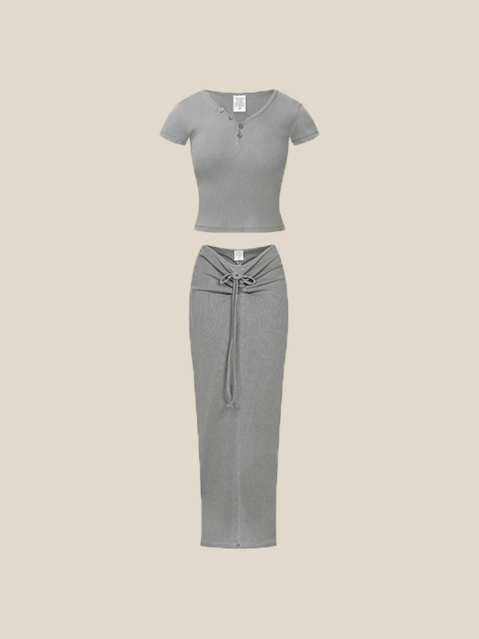 CurvPhilo Vintage Slim V-neck T-shirt Half-body Skirt Set
