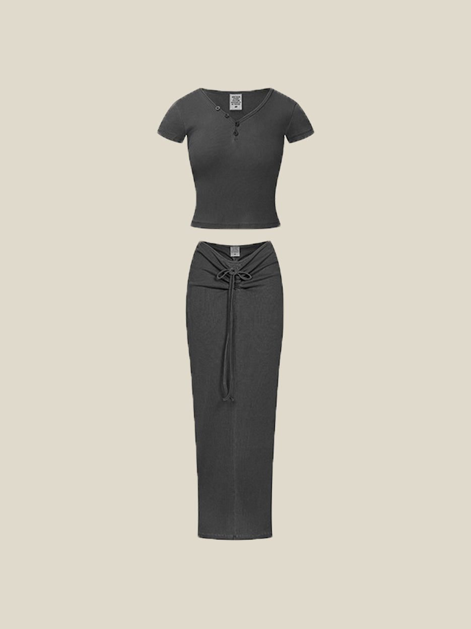 CurvPhilo Vintage Slim V-neck T-shirt Half-body Skirt Set