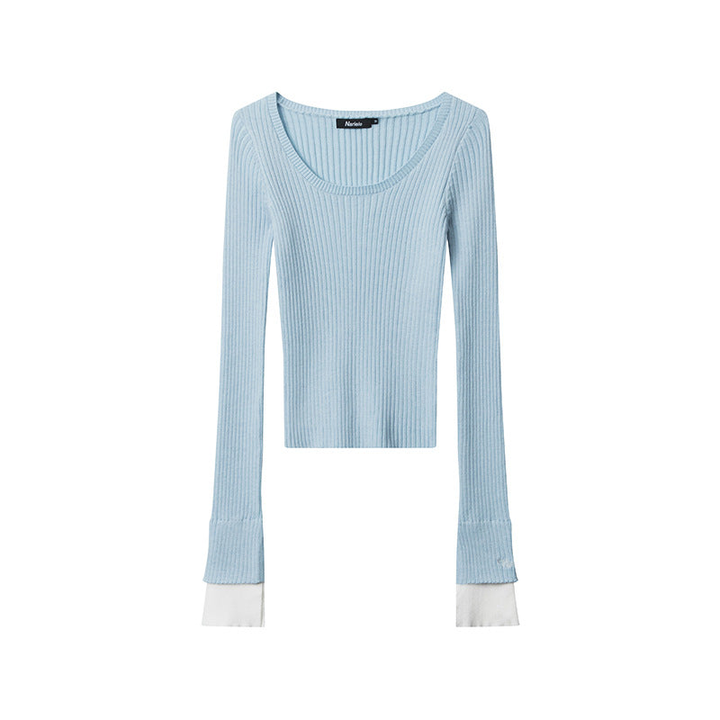 Slim knit sweater pullover solid color casual simple new long-sleeved blouse women square neck short section