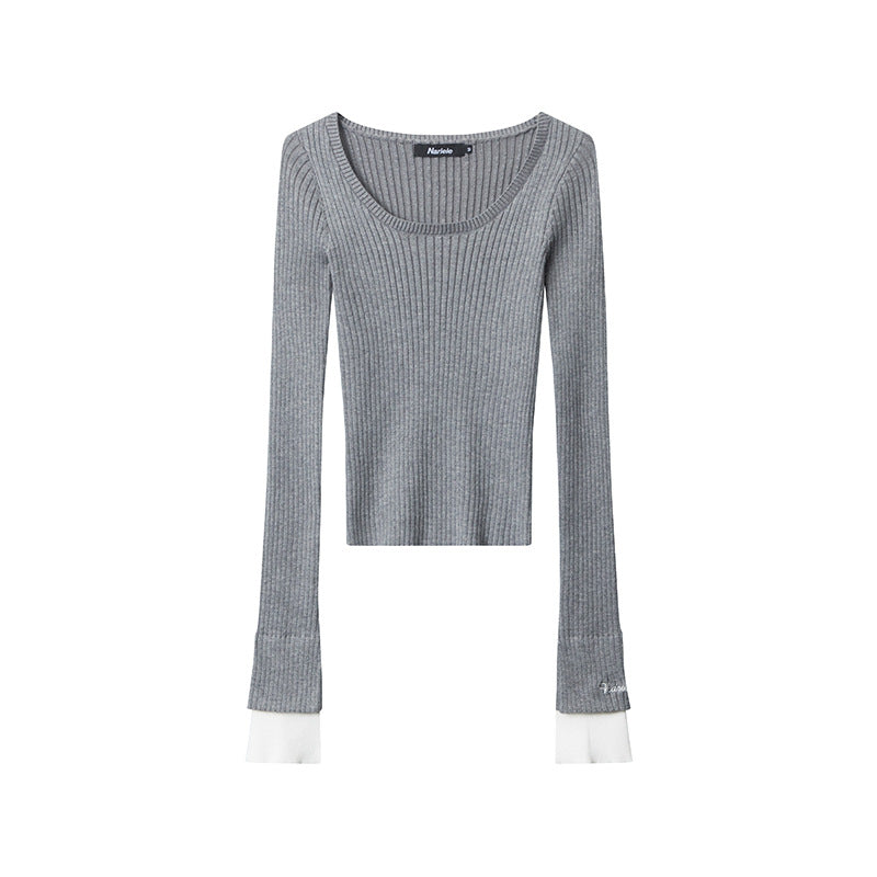 Slim knit sweater pullover solid color casual simple new long-sleeved blouse women square neck short section