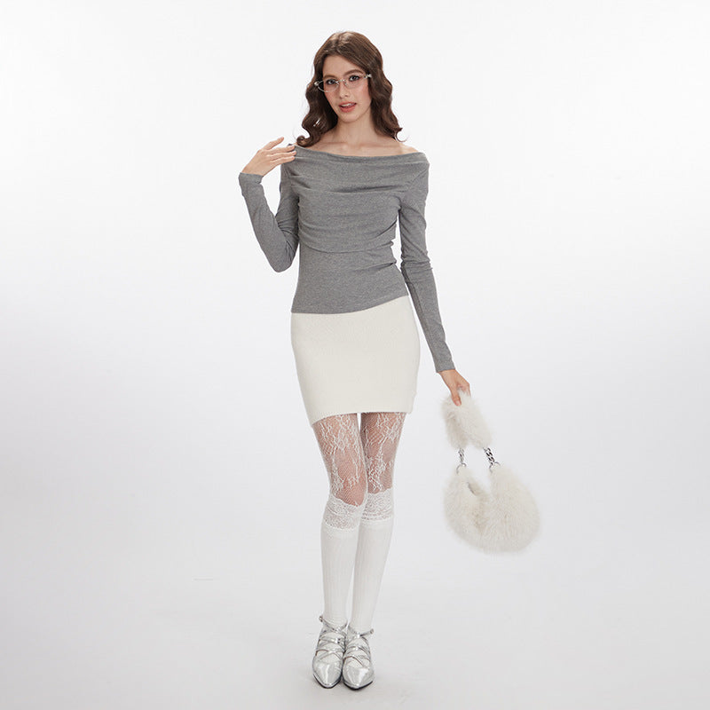 Ruched Off-the-Shoulder Slim Fit Long Sleeve Top