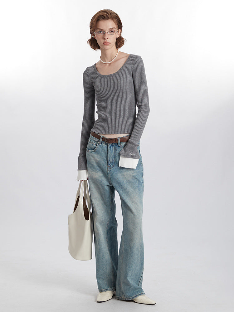 Slim knit sweater pullover solid color casual simple new long-sleeved blouse women square neck short section