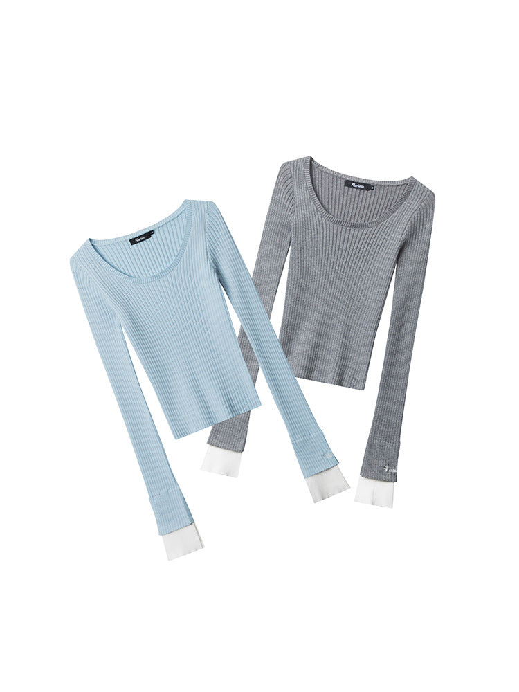 Slim knit sweater pullover solid color casual simple new long-sleeved blouse women square neck short section