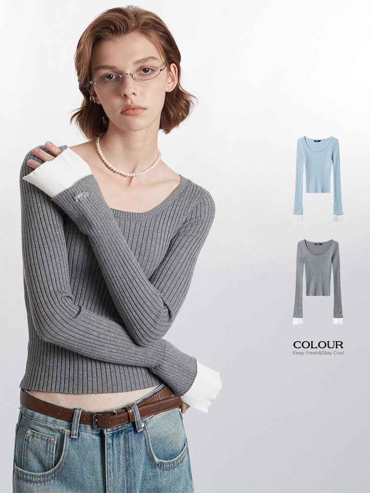 Slim knit sweater pullover solid color casual simple new long-sleeved blouse women square neck short section