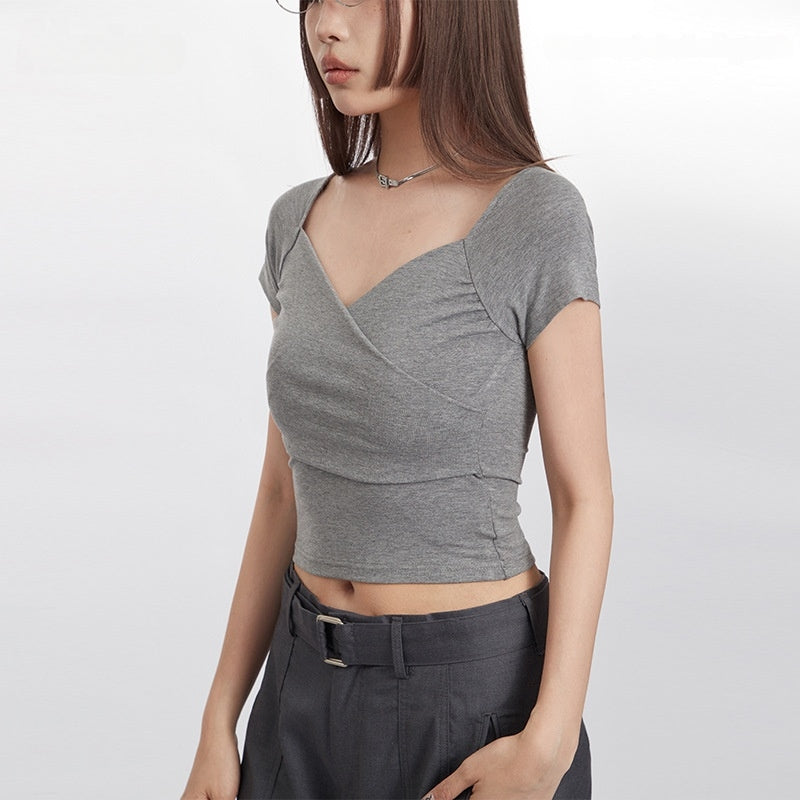 CurvPhilo Cross V-neck pleated short-sleeved T-shirt Slim thin short section navel sexy tops