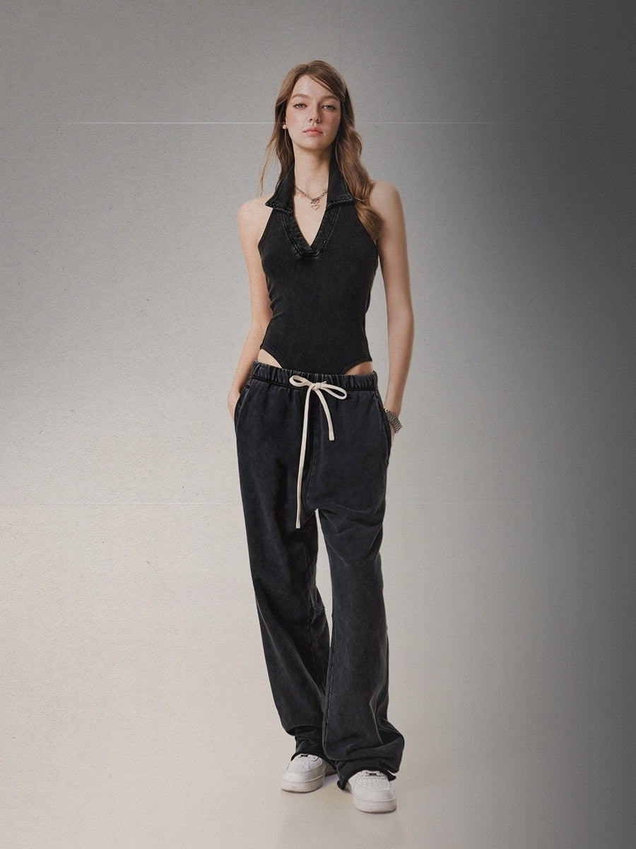 CurvPhilo Hanging Neck Scoop Shoulder Top V-Neck Sexy Backless Bodysuit