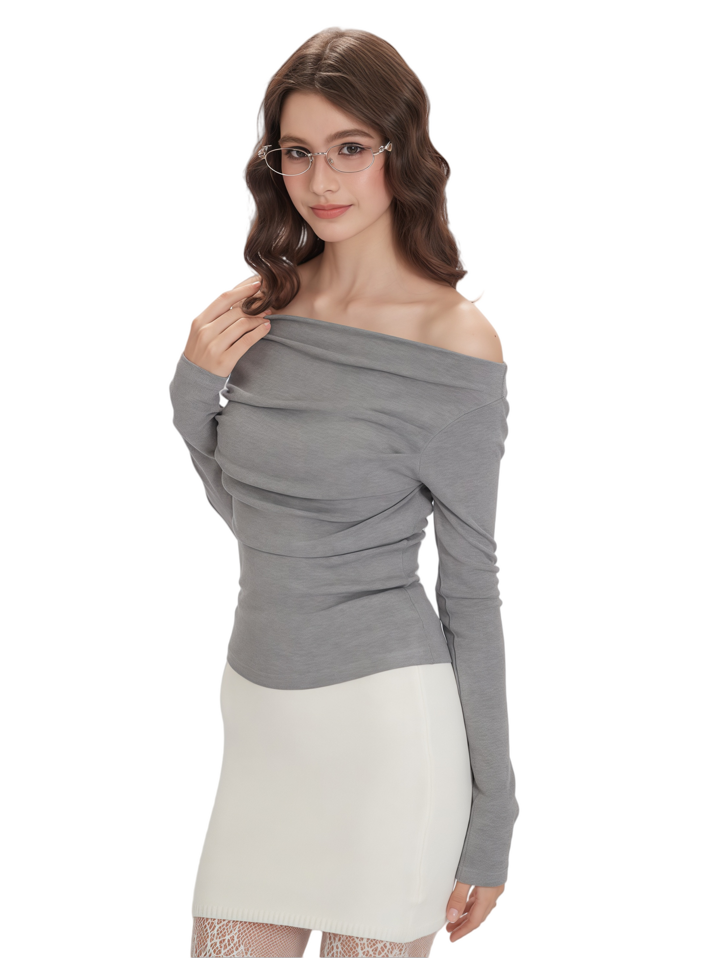 Ruched Off-the-Shoulder Slim Fit Long Sleeve Top