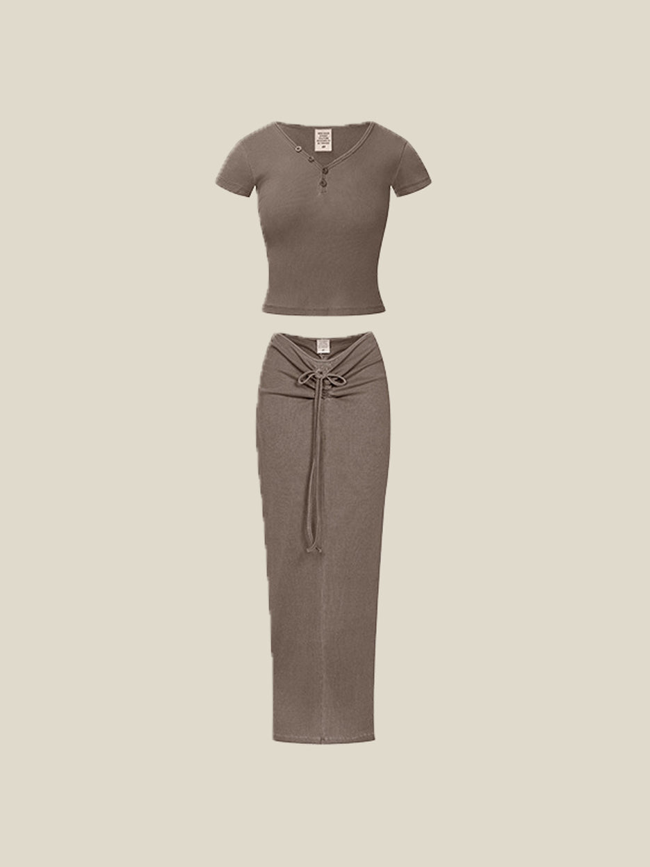 CurvPhilo Vintage Slim V-neck T-shirt Half-body Skirt Set