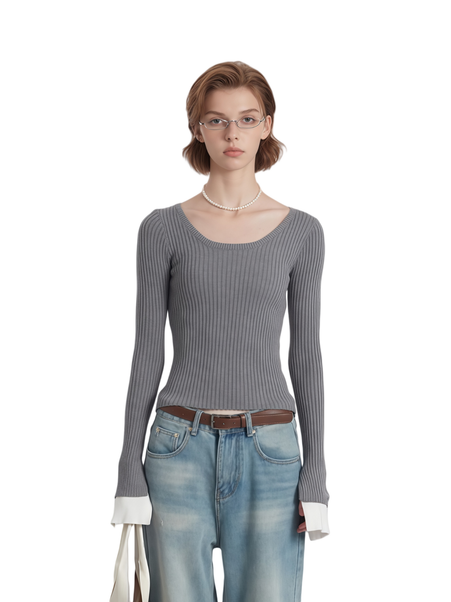 Slim knit sweater pullover solid color casual simple new long-sleeved blouse women square neck short section