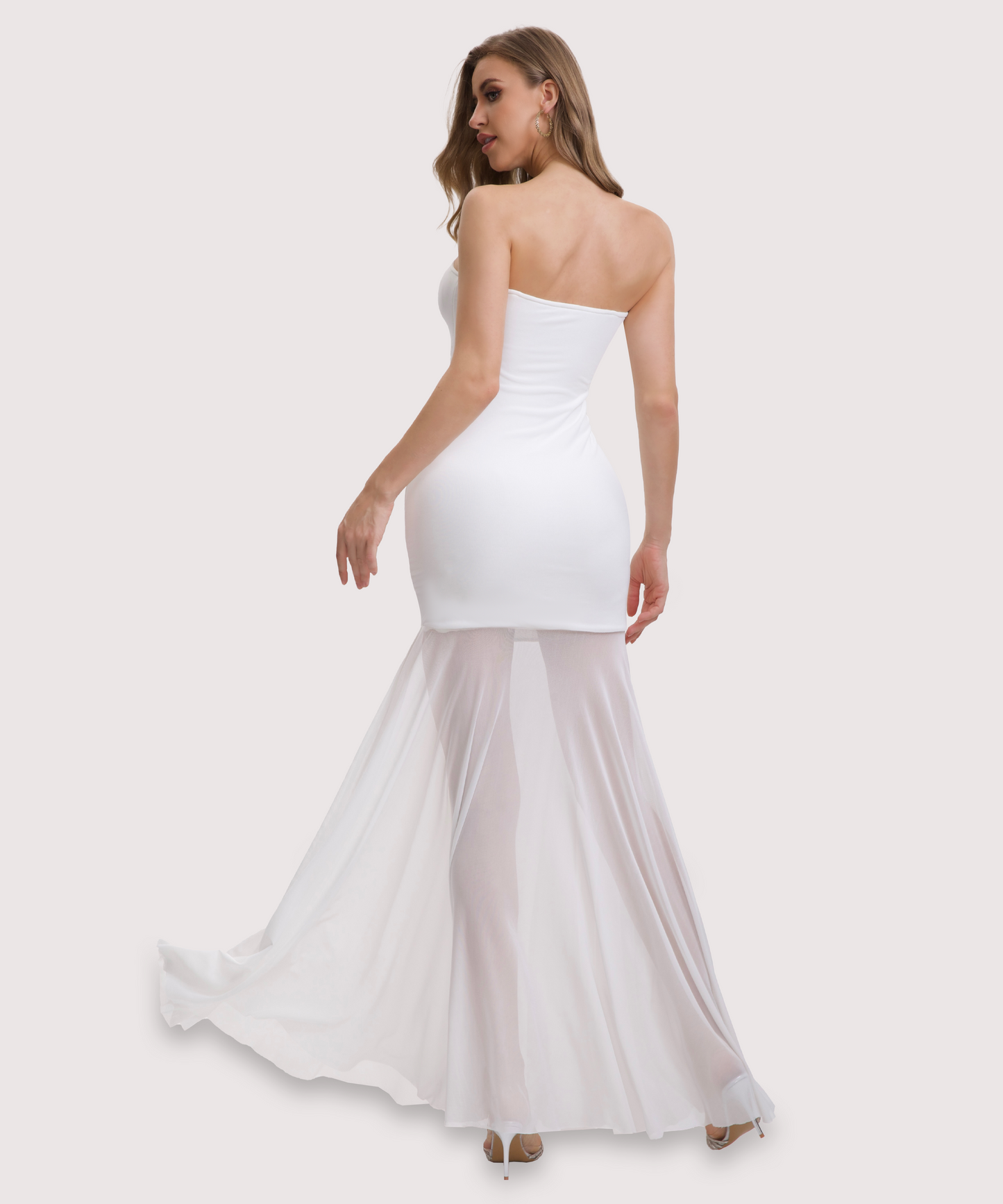 Curvphilo Mesh Strapless Bodycon Maxi Dress -White