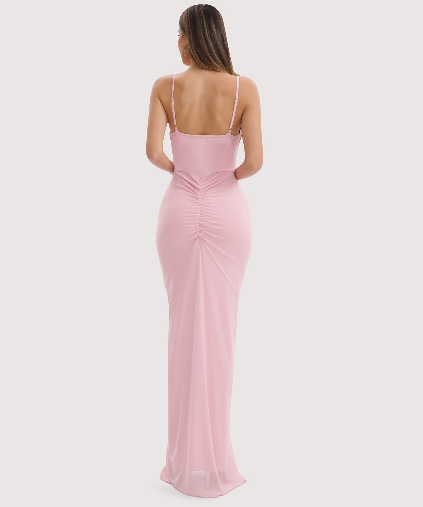 Spaghetti Strap Maxi Dress with Front Slit and Ruffle-Pink