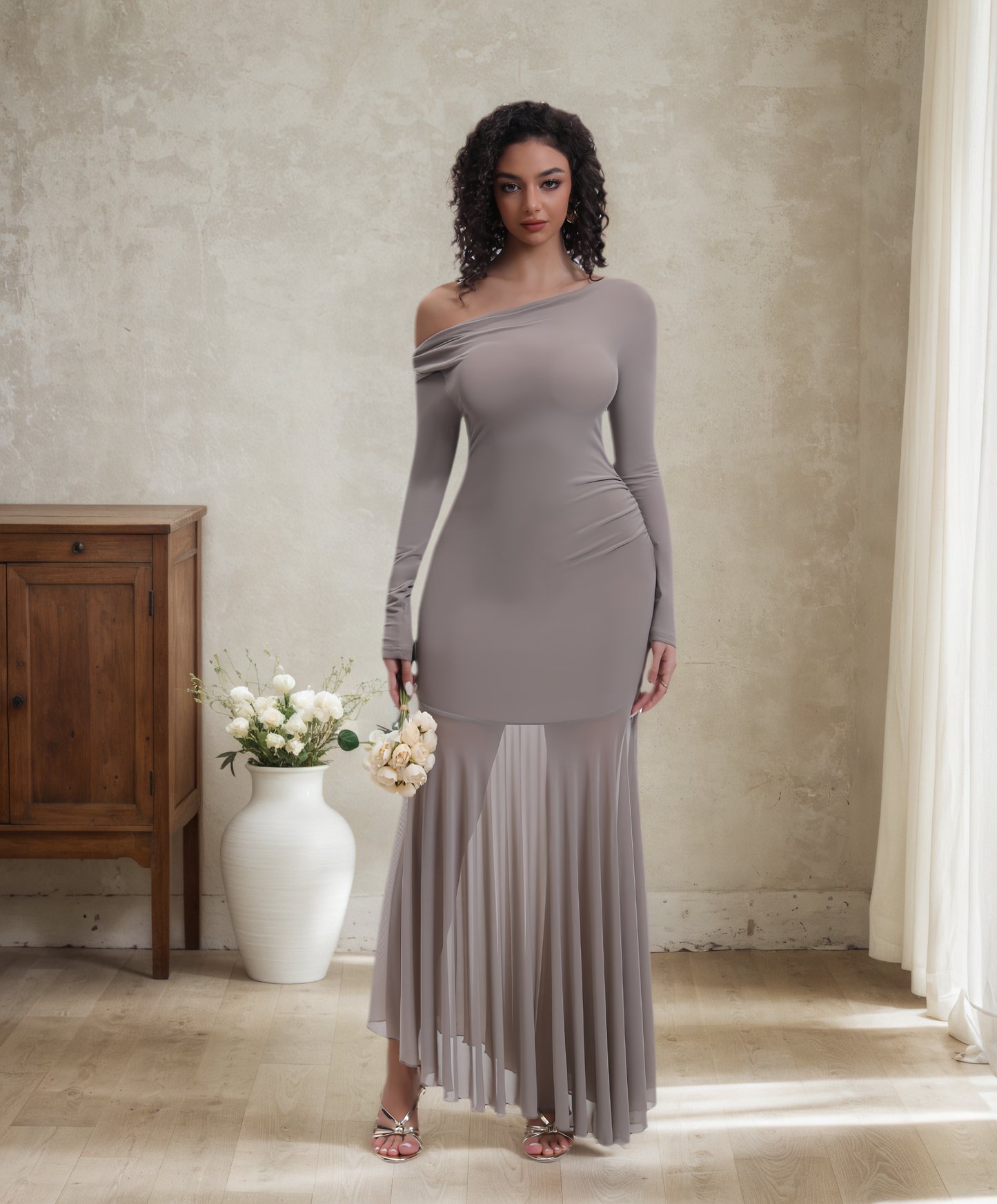 Curvphilo Mesh Long Sleeve Bodycon Maxi Dress-Khaki