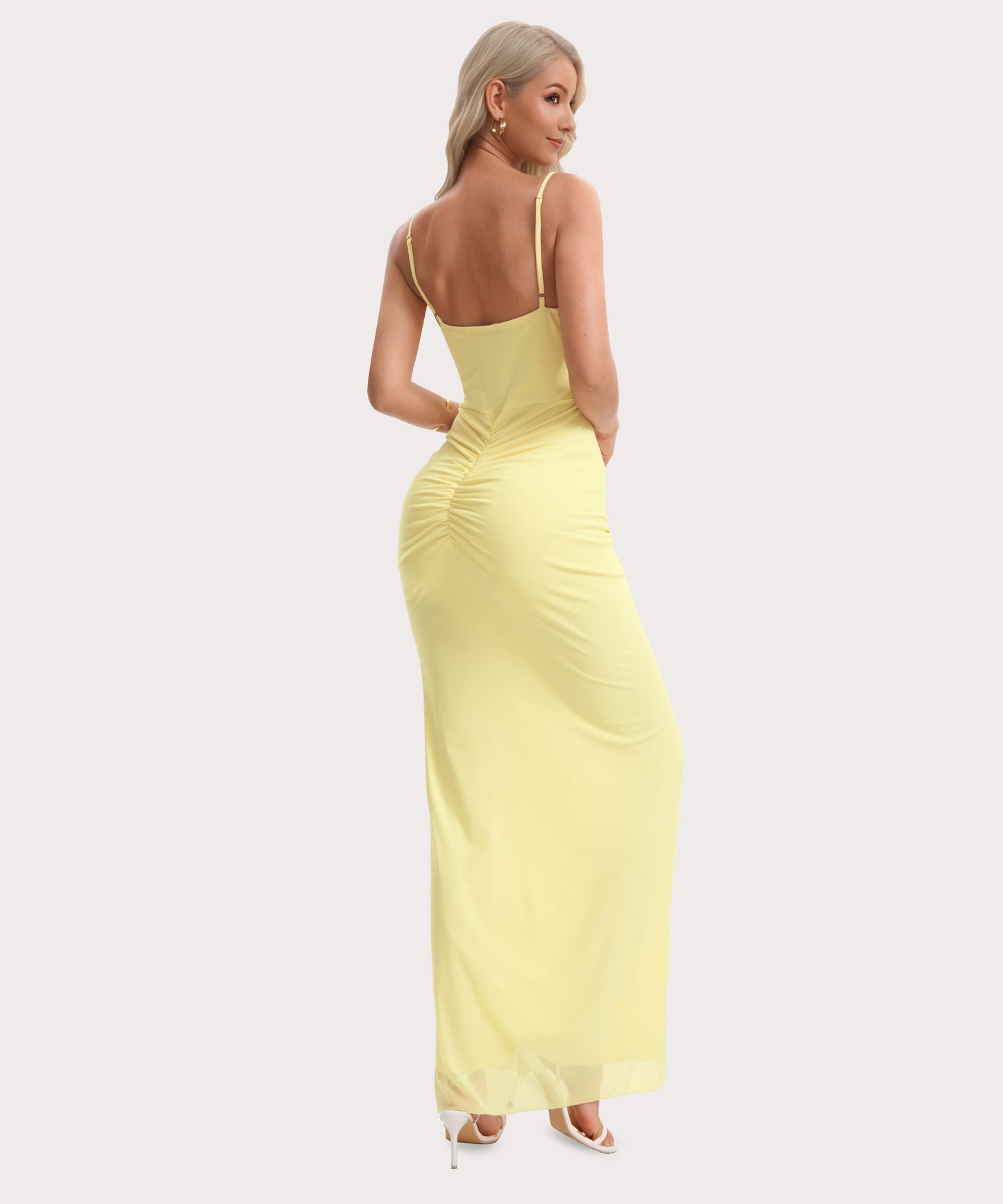 Spaghetti Strap Maxi Dress with Front Slit and Ruffle-Yellow