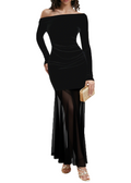 Curvphilo Mesh Long Sleeve Bodycon Maxi Dress-Black