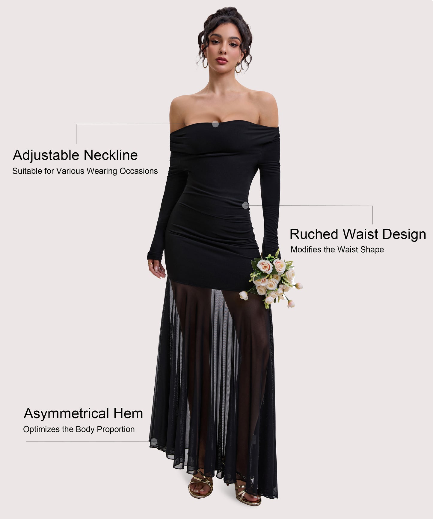 Curvphilo Mesh Long Sleeve Bodycon Maxi Dress-Black