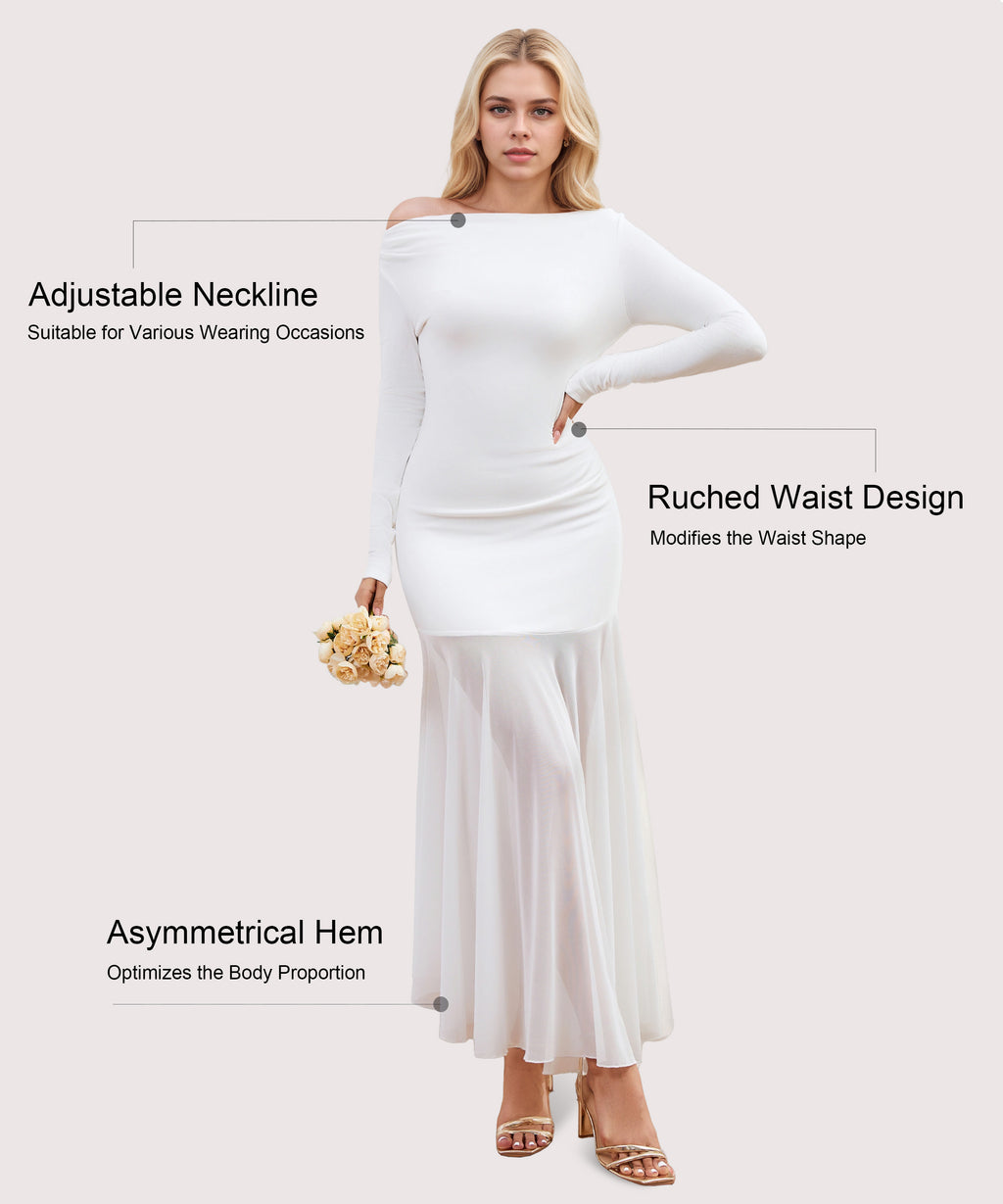 Curvphilo Mesh Long Sleeve Bodycon Maxi Dress-White