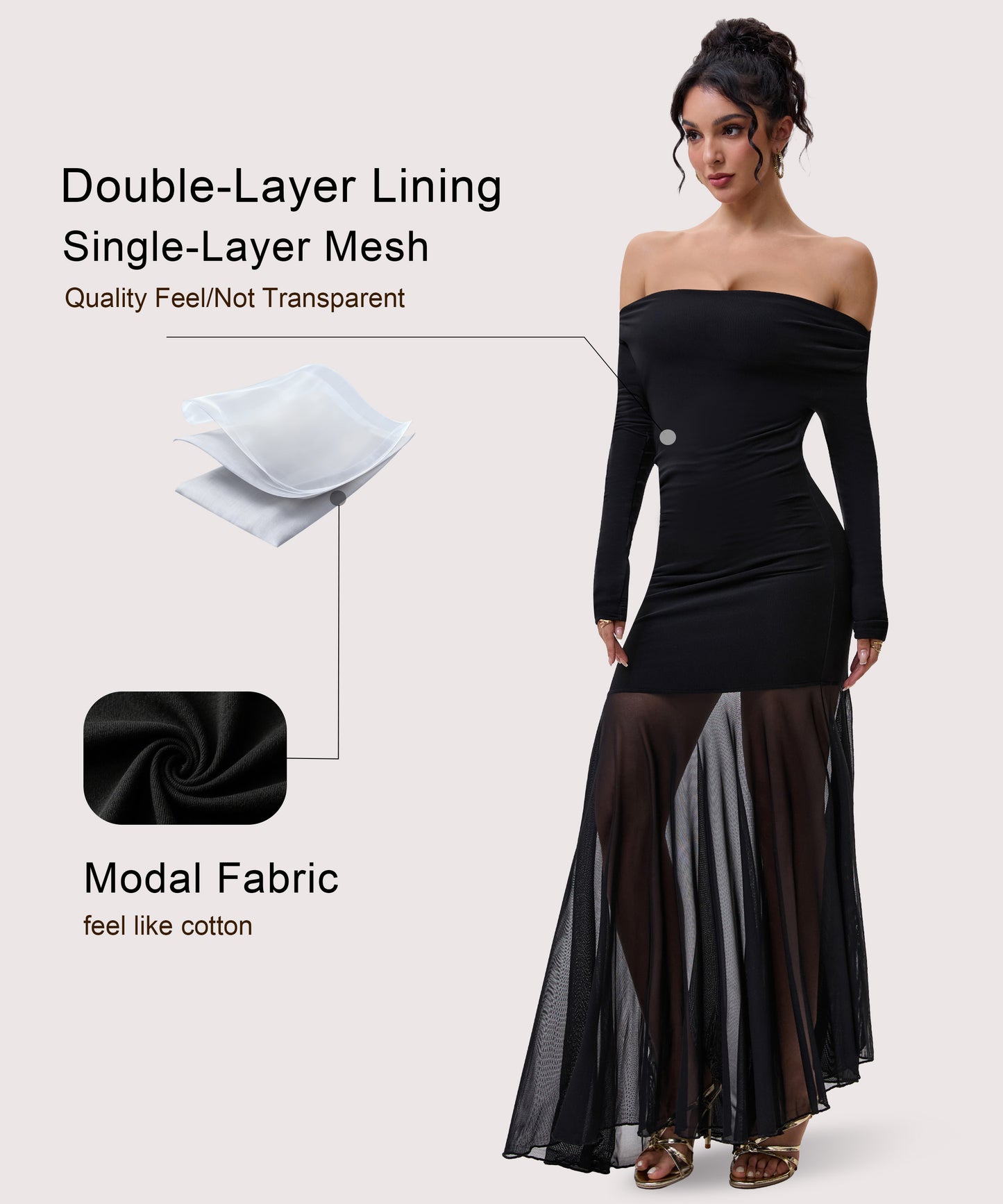 Curvphilo Mesh Long Sleeve Bodycon Maxi Dress-Black