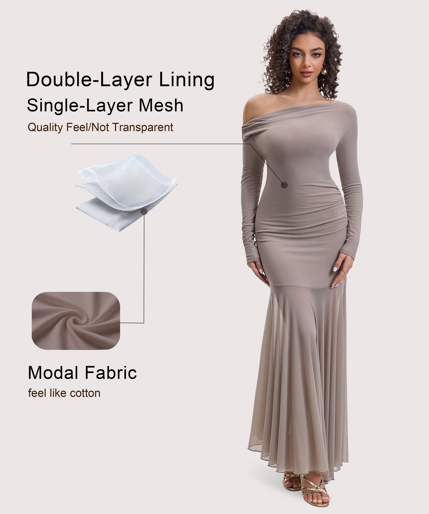 Curvphilo Mesh Long Sleeve Bodycon Maxi Dress-Khaki