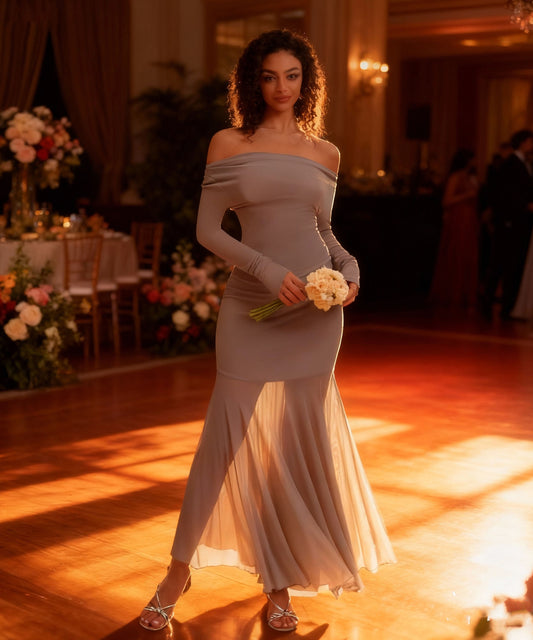 Curvphilo Mesh Long Sleeve Bodycon Maxi Dress-Khaki