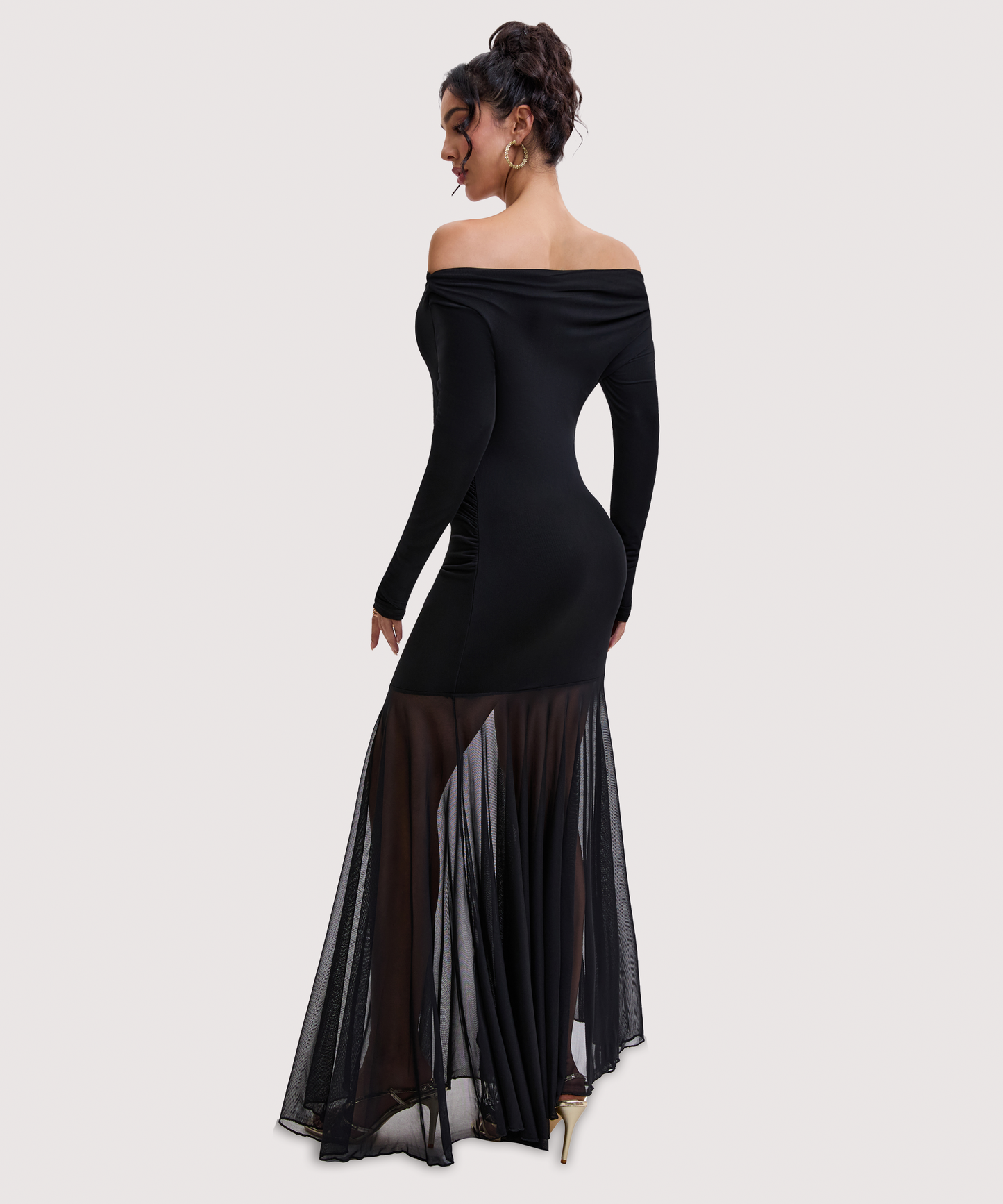 Curvphilo Mesh Long Sleeve Bodycon Maxi Dress-Black