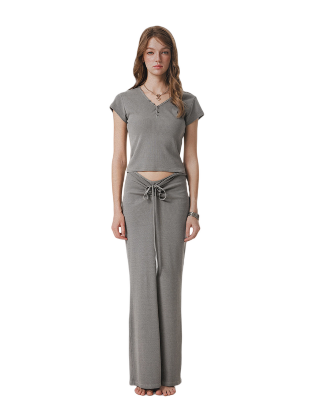CurvPhilo Vintage Slim V-neck T-shirt Half-body Skirt Set
