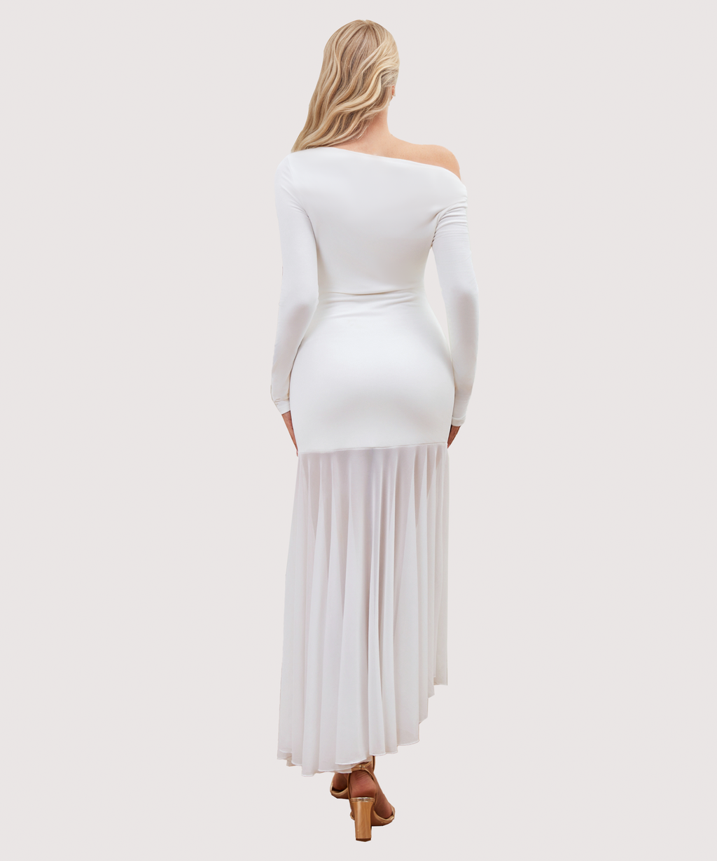 Curvphilo Mesh Long Sleeve Bodycon Maxi Dress-White