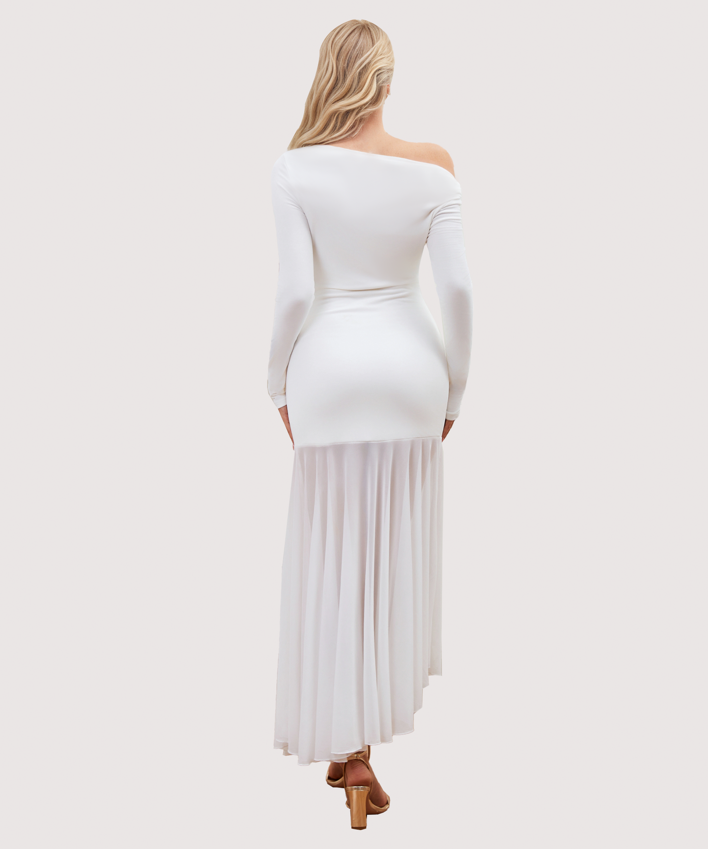 Curvphilo Mesh Long Sleeve Bodycon Maxi Dress-White