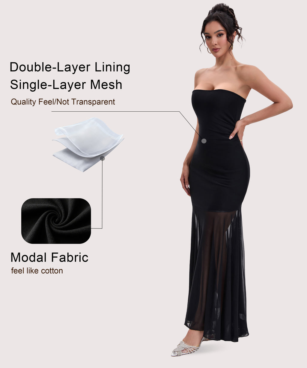 Curvphilo Mesh Strapless Bodycon Maxi Dress-Black
