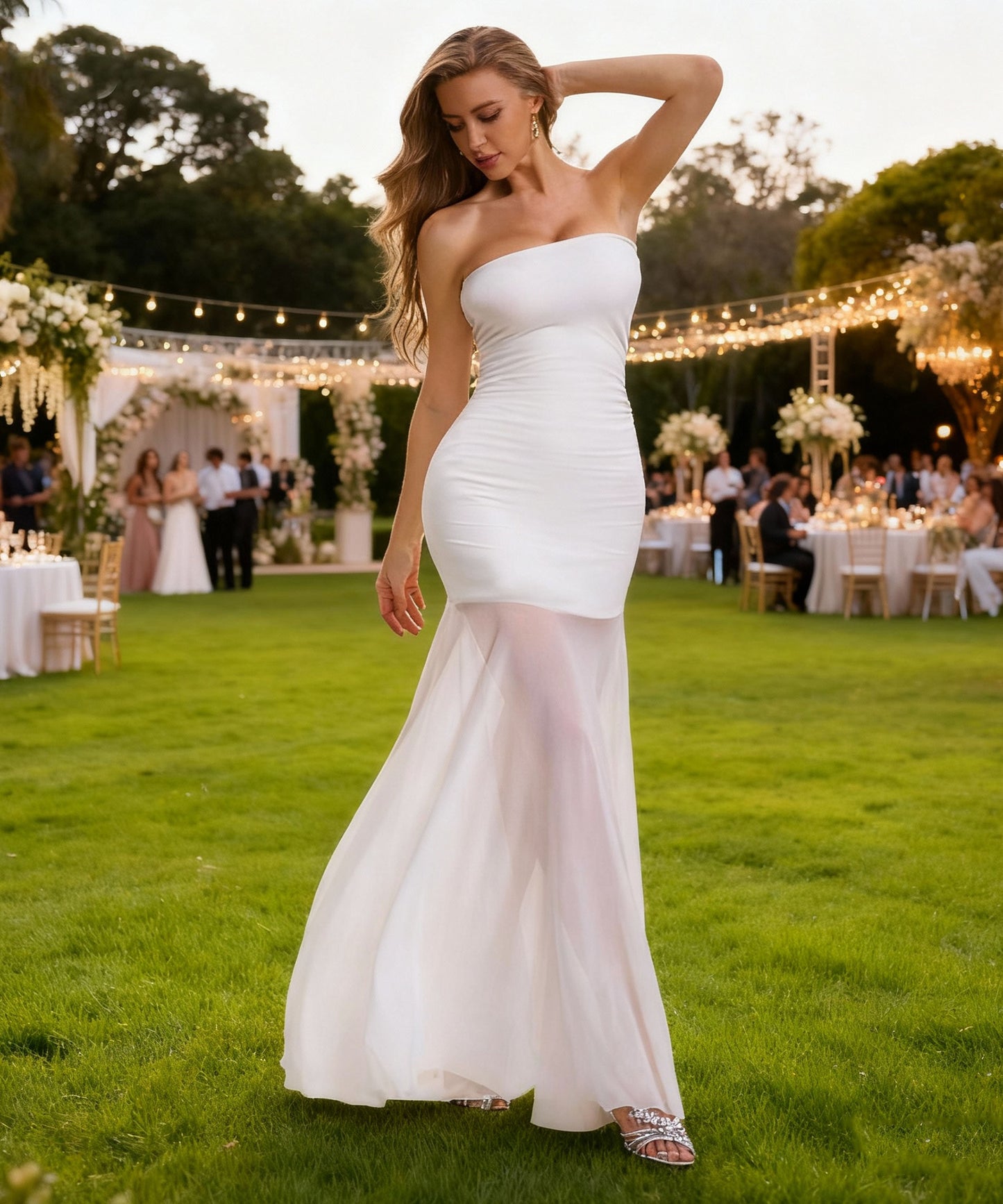 Curvphilo Mesh Strapless Bodycon Maxi Dress -White