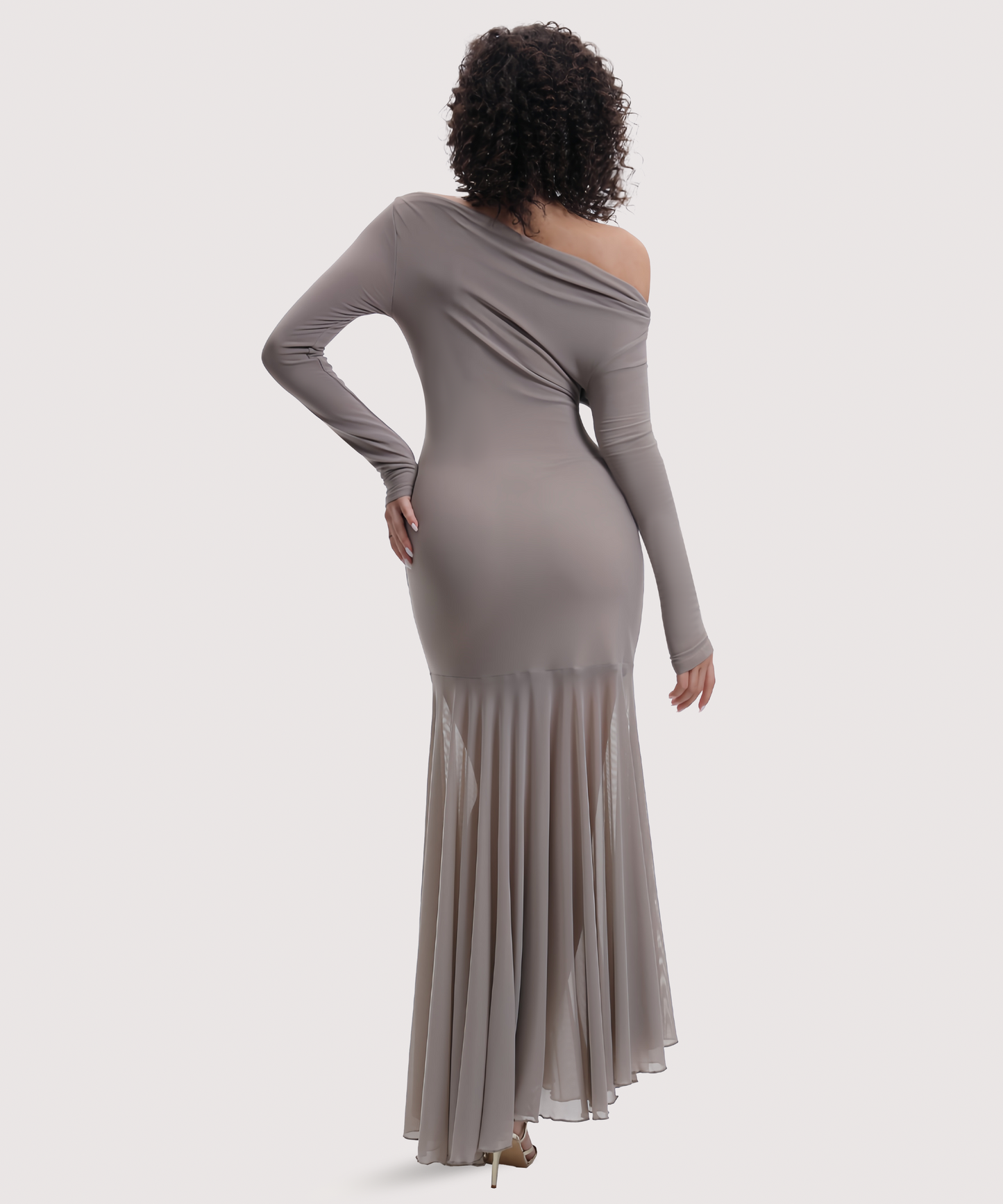 Curvphilo Mesh Long Sleeve Bodycon Maxi Dress-Khaki