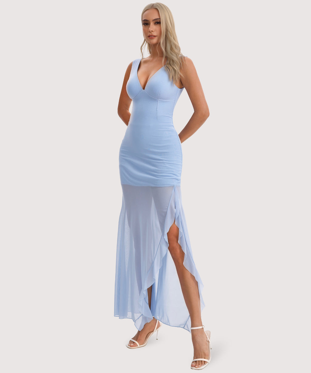 Deep V Neck Ruffle Bodycon Maxi Dress-Blue