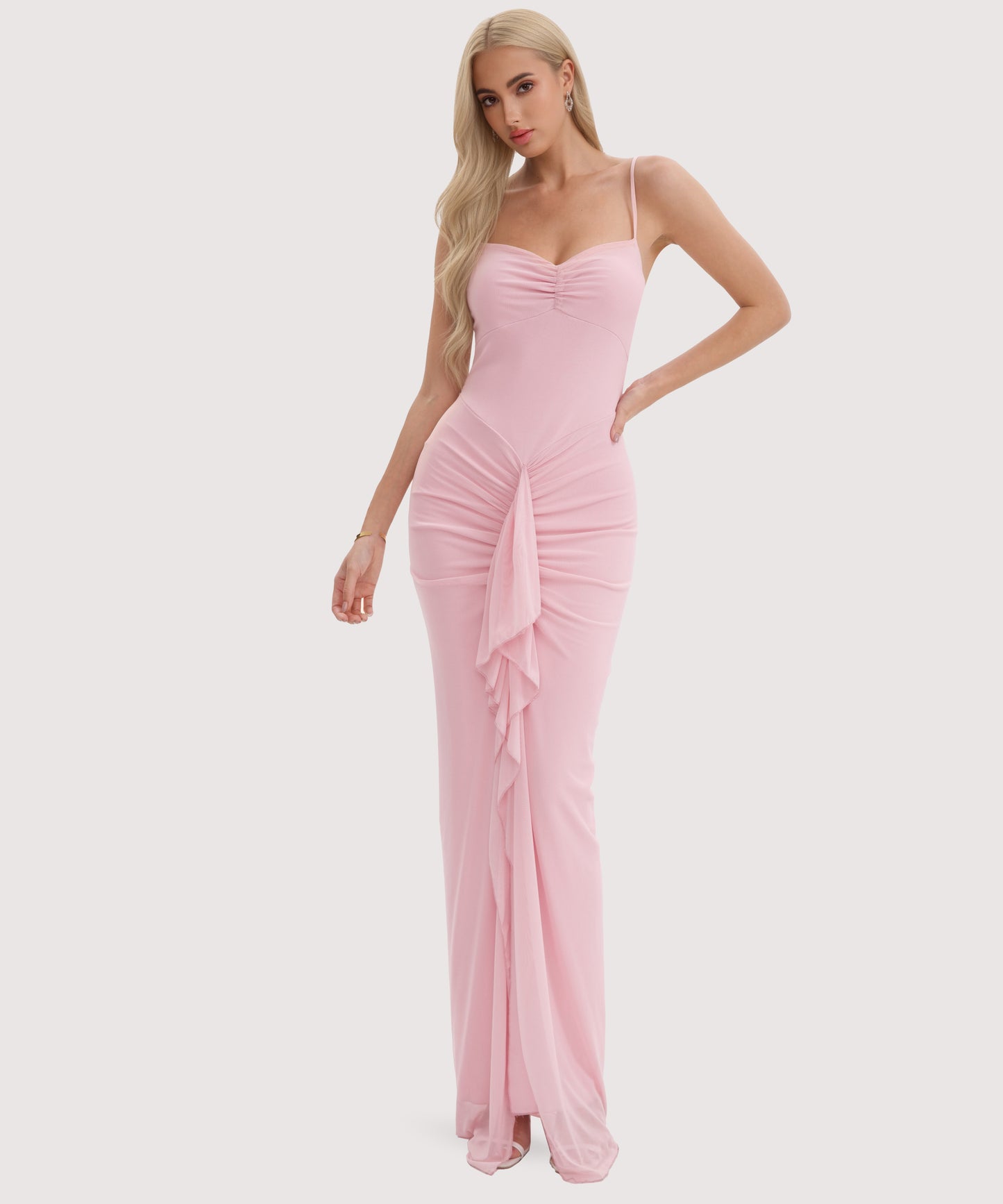 Spaghetti Strap Maxi Dress with Front Slit and Ruffle-Pink