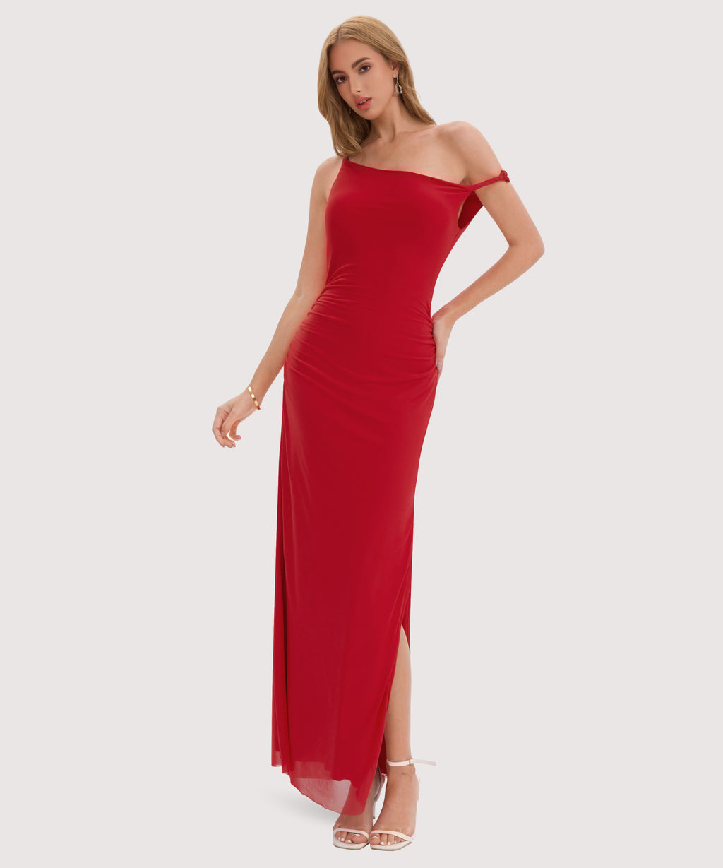 Twist Strap Side Slit Maxi Dress-Red