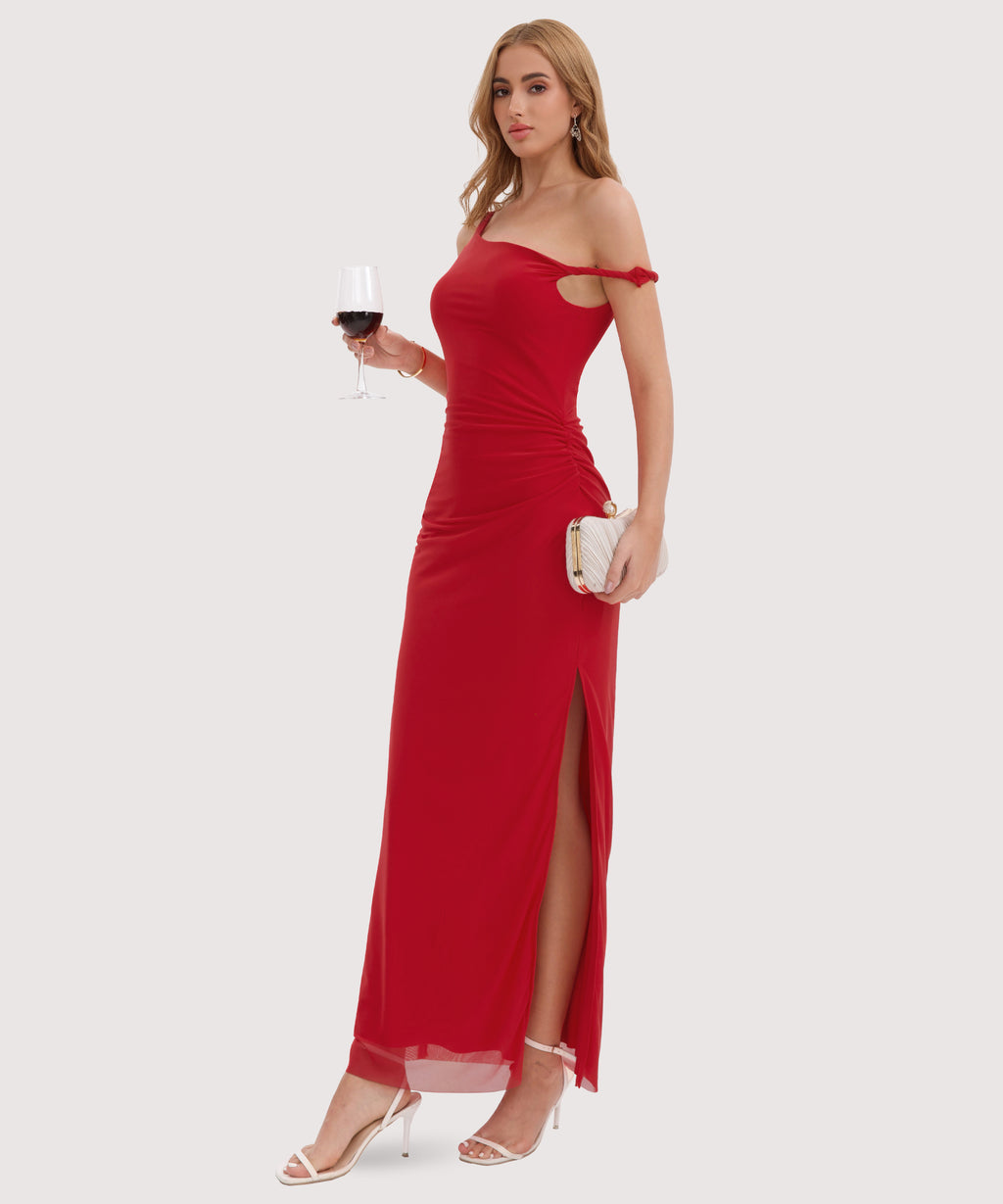 Twist Strap Side Slit Maxi Dress-Red