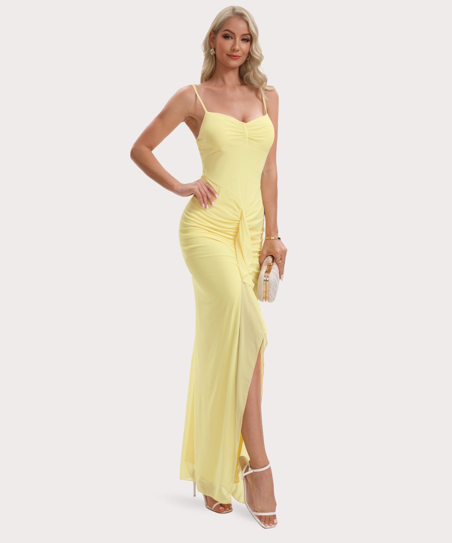 Spaghetti Strap Maxi Dress with Front Slit and Ruffle-Yellow