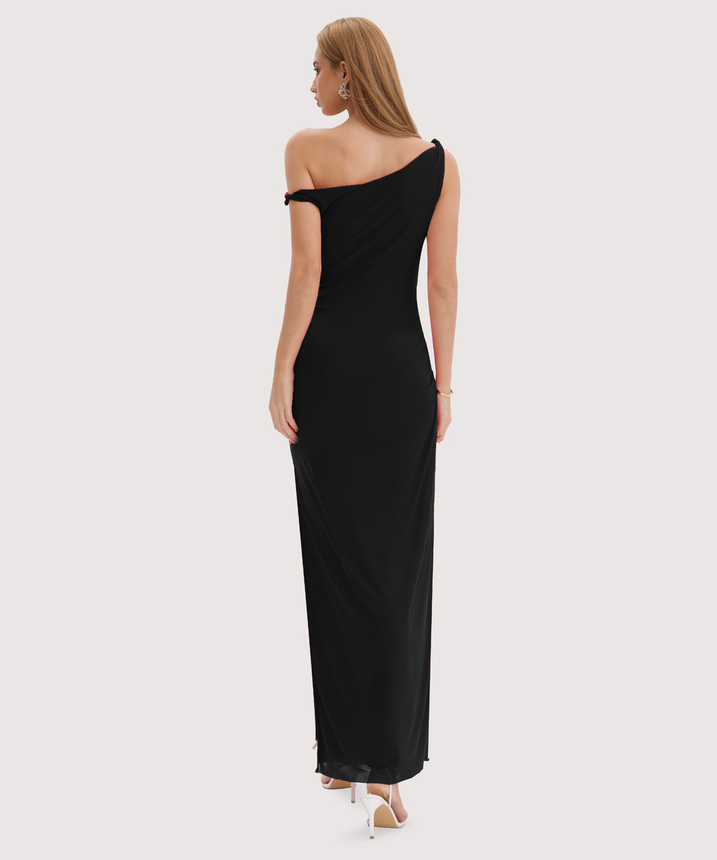 Twist Strap Side Slit Maxi Dress-Black