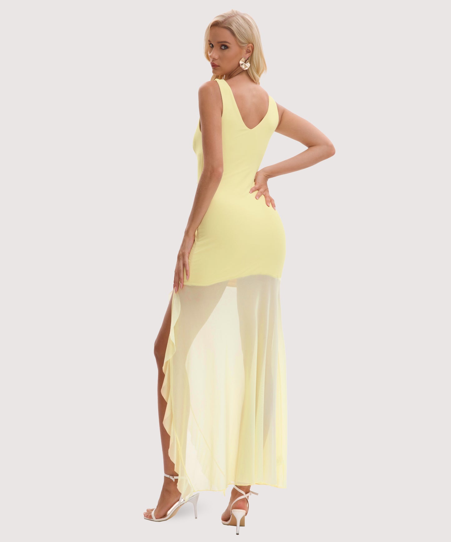 Deep V Neck Ruffle Bodycon Maxi Dress-Butter Yellow